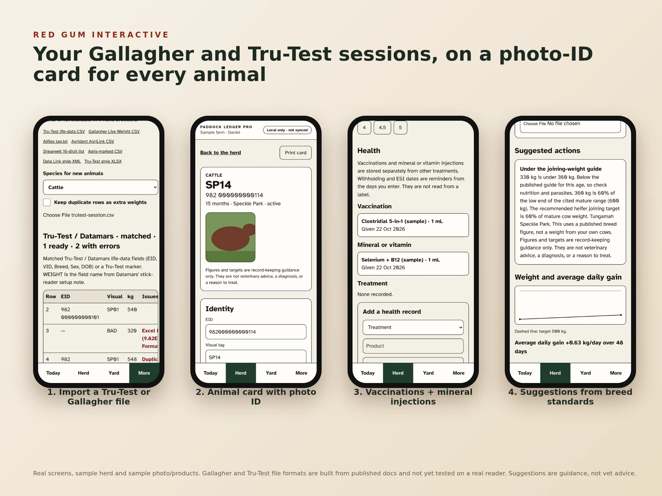 Paddock Ledger Pro showing a Gallagher and Tru-Test session import next to an animal card with photo ID